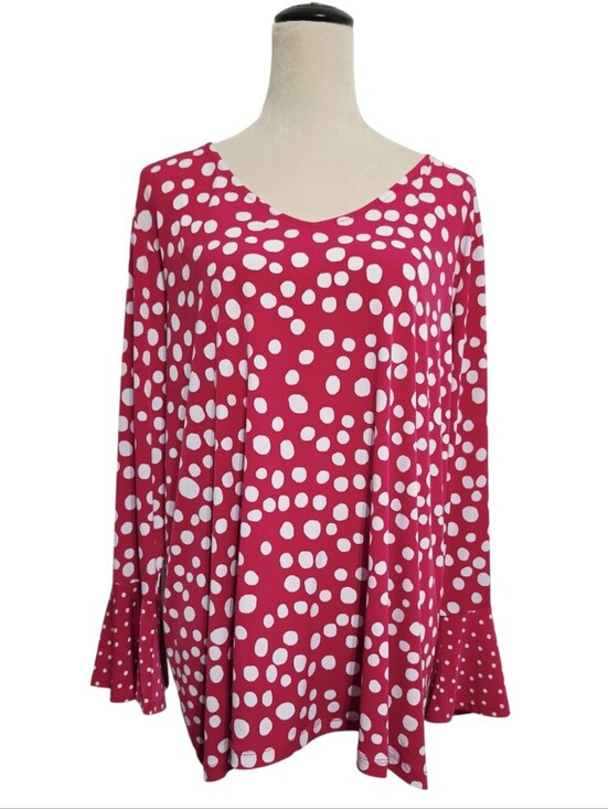 Susan Graver Tops - Susan Graver 1X Liquid Knit Tunic Top Pink White Polka Dot Bell Sleeve Stretch
